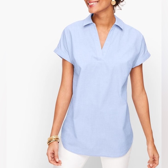 Talbots Tops - Talbots Poplin Split Neck Shirt End on End - Collared V-Neck Cuffed Sleeve